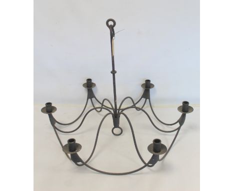 Wrought iron hanging candelabra with six sconces, 66cm diam. and 53cm high. 