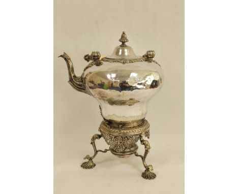 Good Victorian e.p. kettle of 18th century style upon a stand with lamp and scroll and scallop feet by Martin Hall &amp; Co, 