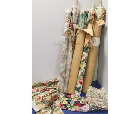 Vintage furnishing textiles: Five rolls of Sanderson printed linen: three with floral decoration including "Chatsworth" patte