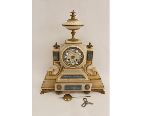 French mantel clock for Marshall, Edinburgh, in alabaster case with blue and gilt panels. 41cm. 