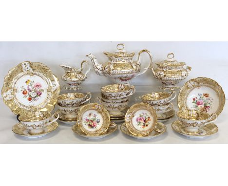 19th century English porcelain teaset by John Ridgway, Staffordshire, with polychrome floral panels surrounded by gilt, white