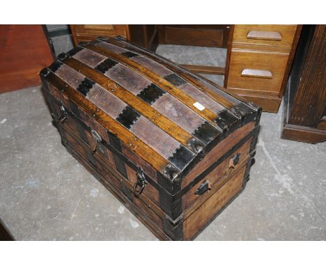 Wooden slated dome topped vintage trunk 