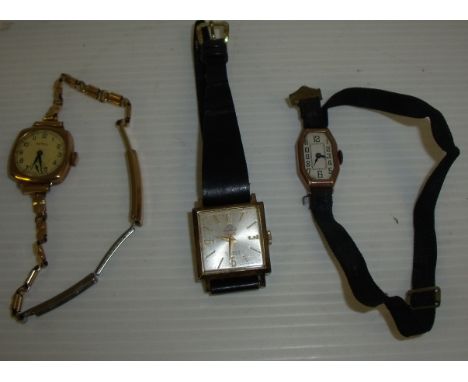 9ct gold ladies Rotary wristwatch, ladies square face wristwatch on leather strap and silver gilt cocktail watch