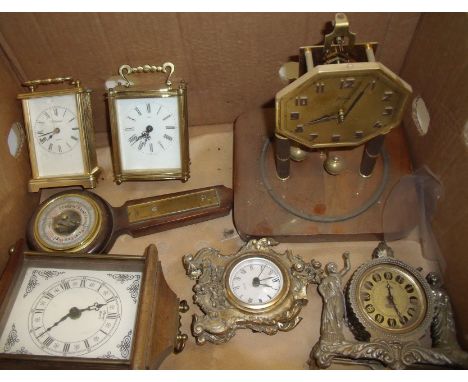 Brass torsion clock (missing dome), carriage clocks, barometer etc.