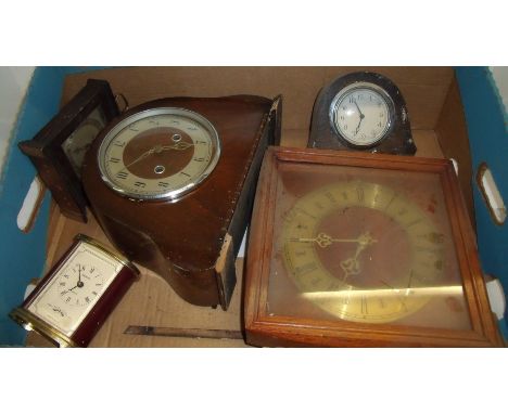 Mahogany framed mantel clock, square wall clock, Metamec carriage style clock etc.