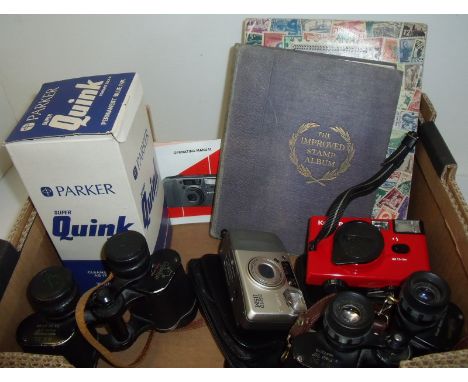 Pair of Wilkinson 8 x 30 binoculars, pair of GreenKat 8 x 30 binoculars, small stamp album containing GB and World stamps, Ko