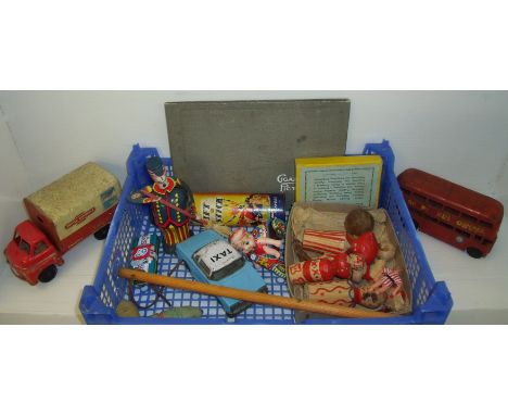 Selection of tinplate toys, wooden skittles, Peter Pan Magnetic Lift A Stick etc.