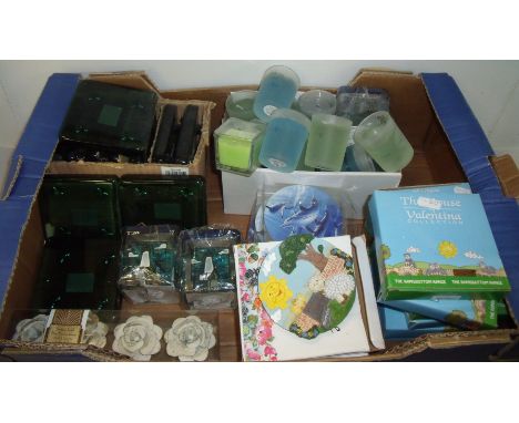 Box of gel candles in frosted glass holders, glass candles with light house decoration, glass coasters etc.