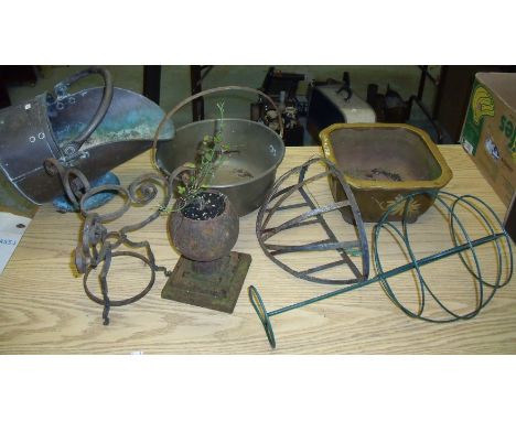 Copper helmet shaped coal scuttle, brass jam pan, selection of garden ornaments etc.