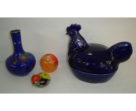 Cloisione bottle neck vase, ceramic chicken and two glass paperweights