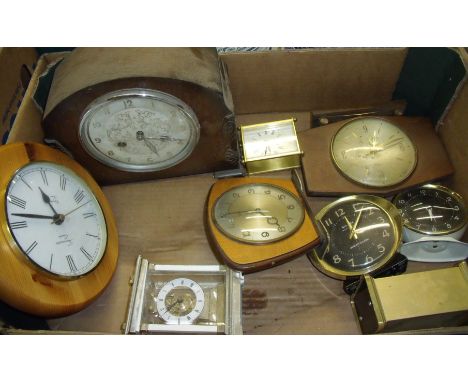 Selection of alarm clocks, pine circular kitchen mirror, oak framed mantel clock etc.