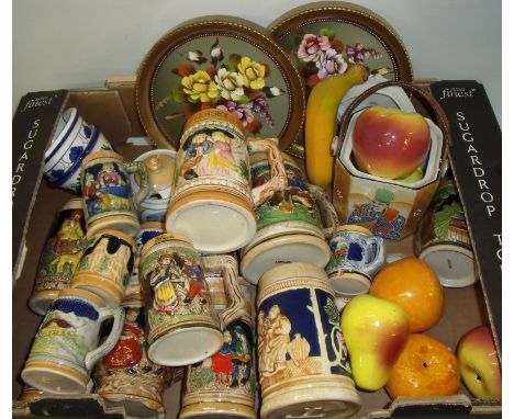 Selection of ceramic steins, ceramic fruit etc.