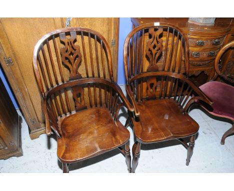 Pair of stick back Windsor armchairs with crinoline under stretchers and turned supports 