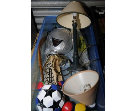 Box of assorted toys, portable CD player, lamp etc.