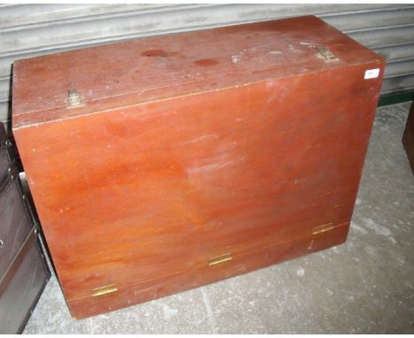 Wooden construction carpenters tool box with hinged top revelling bank of drawers, fitted vintage saws, with various tools et