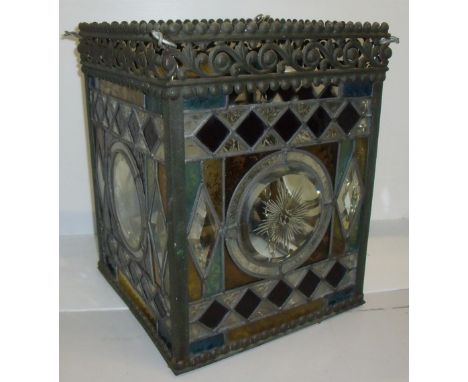 Lead glazed square ceiling light shade, each panel with central bevelled edged circular glass with star cut engraving flanked