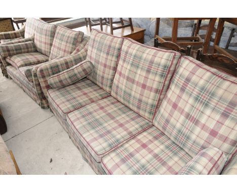 Three piece suite upholstered in tartan check comprising of large three seat sofa, two seat sofa and large single arm chair