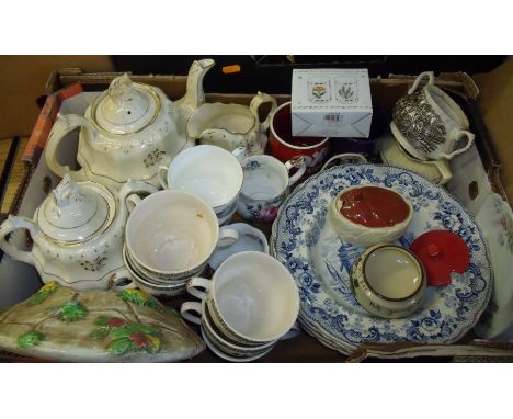 Victorian teapot, sucrier and milk jug with gilt decoration, blue and white plates, Carlton Ware jam pot, motto ware pot etc.