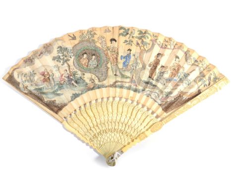 A 1740's Ivory Fan, the monture beautifully carved and pierced, mother-of-pearl thumb guards to both guards, themselves carve