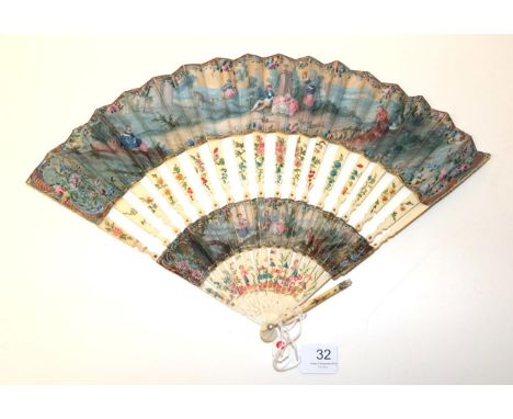 A Dainty Circa 1755 Ivory Cabriolet Fan, the monture finely painted with flowers, butterflies and Chinoiserie figures, the up