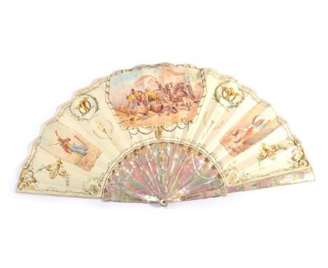 Napoleonic Warfare: Circa 1880's Fan, the green/pink mother-of-pearl sticks mounted with a double velum leaf, depicting centr
