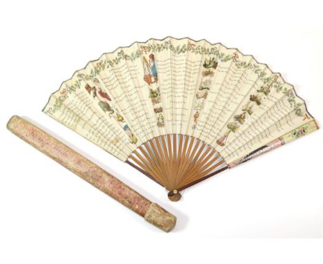 A Rare 18th Century Printed Fan Entitled ''The General Idea of Sciences''. The double paper leaf is mounted on plain wood, th