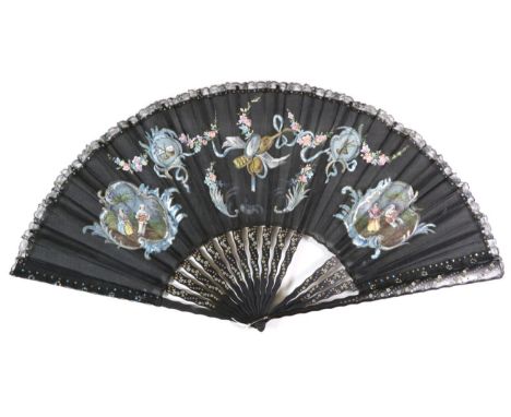 A Large Circa 1890's Black Gauze Fan, mounted à l'Anglaise on black wooden sticks, the upper border edged with a fine narrow 