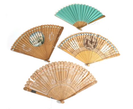 An Early 19th Century Wooden Fan, mounted with a sea green double paper leaf, completely plain save for a silver top border. 