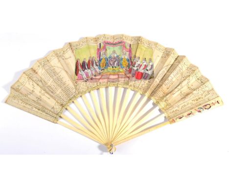 France, 1787, A Printed Fan, with double leaf mounted on carved bone sticks, the upper guards lightly painted, the recto feat