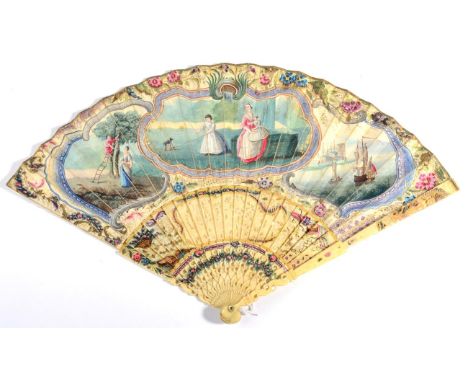 A First Half 18th Century Fan, the carved and pierced ivory sticks also painted and decorated with mother-of-pearl, the gorge