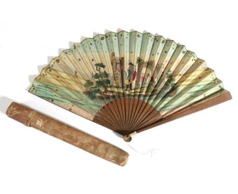 A Late 18th Century or Early 19th Century Printed and Hand-Coloured Fan, the double paper leaf mounted on wooden sticks, plai