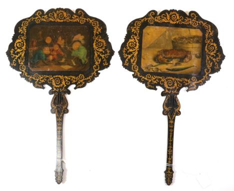 A Pair of Early 19th Century French Shaped/Rectangular Face Screens or Fixed Fans, each seemingly cut and shaped from a singl