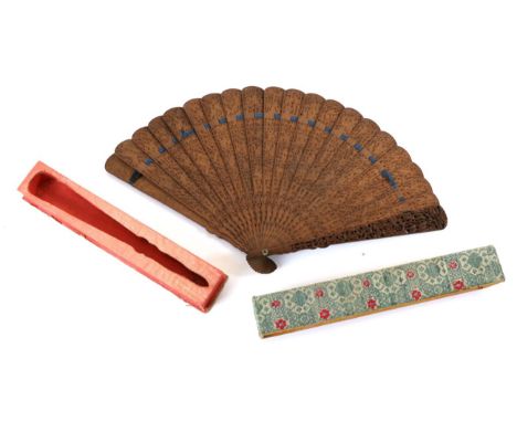 A Chinese Late 19th Century Dark-Stained Carved Wood Brisé Fan, Qing Dynasty, contained in the original Chinese fitted and fa