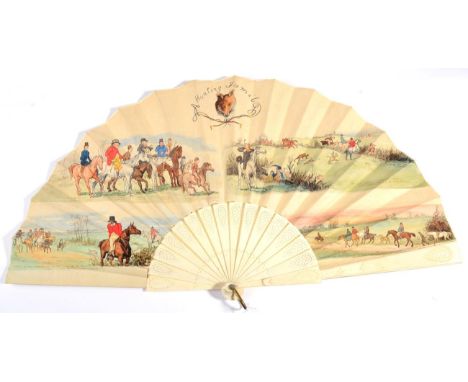 A Mid-19th Century Bone Fan, the monture pierced and carved, the printed and hand coloured double paper leaf showing amusing 