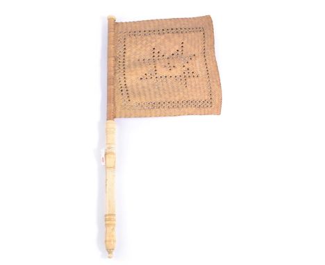 A Flag Fan or Fixed Hand Screen with a Turned Bone Handle, the flag section made from plaited straw, a star design to the cen