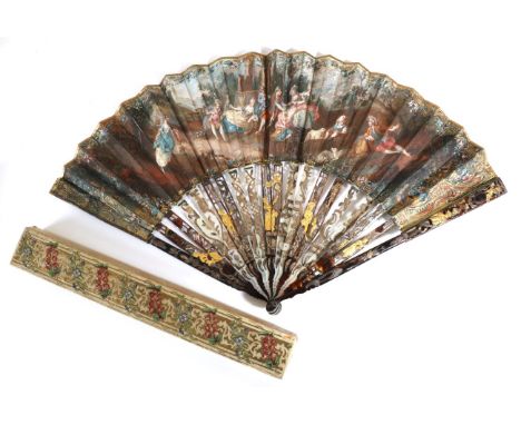 A Good 18th Century Fan, with tortoiseshell guards and gorge sticks in pairs alternating between mother-of-pearl and tortoise