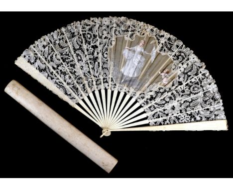 A Large Late 19th Century Bone Fan, the monture lightly carved with delicate and mainly floral designs, the leaf of Brussels 