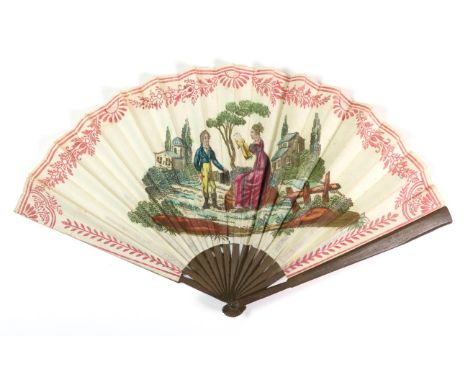 A Regency Printed and Hand-Coloured Fan, the double paper leaf mounted on basic and plain dark wooden sticks. The recto depic