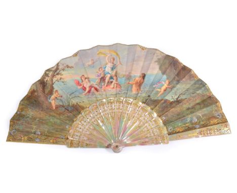 The Triumph of Venus: A Circa 1880 Fan, with double velum leaf, mounted on pierced and gilded, slightly green/ pink mother-of