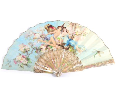Circa 1880, A French Fan, with green/pink mother-of-pearl sticks, silvered and gilded, the double velum leaf painted with a m