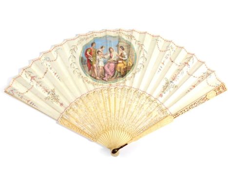 A Late 18th Century Italian Ivory Fan, the monture very finely pierced and carved, with tortoiseshell thumb guards and portra