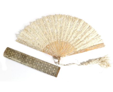 An Early 20th Century Handmade Brussels Bobbin Lace Fan, mounted on light pink mother of pearl sticks, the monture plain. The