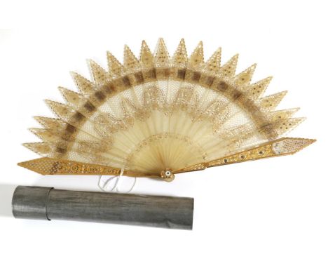 An Unusual Gothic Regency Brisé Fan, the inner sticks of pale horn, the guards of gold metal with mother of pearl inlay to th