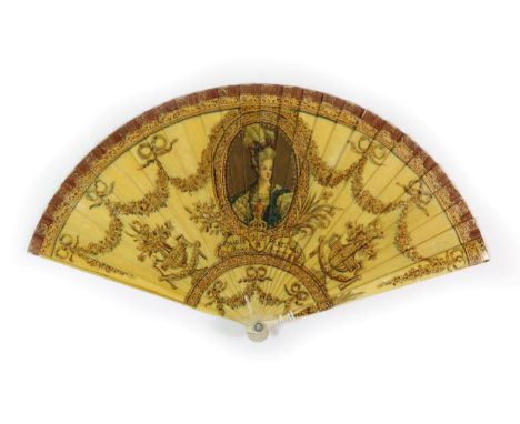 Circa 1860's, A Small Painted Ivory Brisé Fan, bearing a portrait of Marie Antoinette, Queen of France, who met with the guil