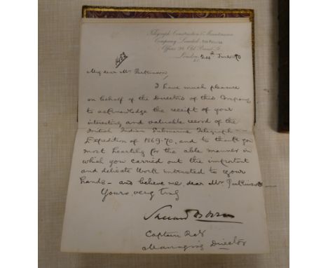 PARKINSON J. C.  The Ocean Telegraph to India, A Narrative & A Diary. Col. litho frontis, fldg. chart & plates & plans, as ca