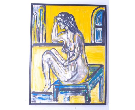 A vintage 20th century oil on canvas portrait painting. The painting depicting a nude female figure, seated, against a yellow