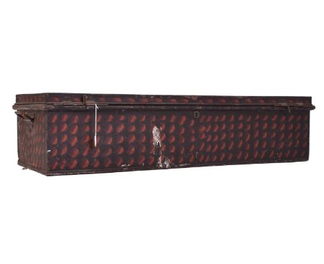 An African Campaign Military painted metal chest trunk. The trunk painted in blac &amp; red with slide locking system.Measure