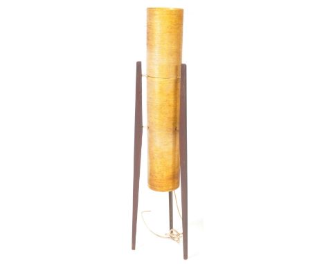 A vintage mid-century rocket standing floor lamp, featuring a yellow fluted fibreglass lamp shade AF, raised on three wooden 