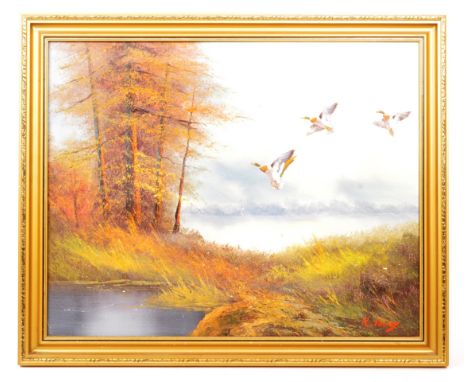 R. Tovey - A vintage 20th century oil on canvas painting, depicting three birds in flight over an autumnal grassy landscape. 