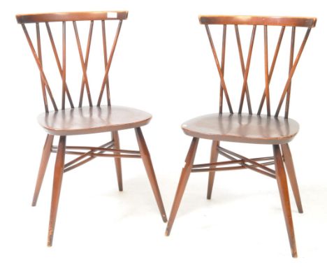 Lucian Ercolani for Ercol - Model 376 - a pair of retro beech and elm ' Candlestick ' lattice backed spindle dining chairs. T